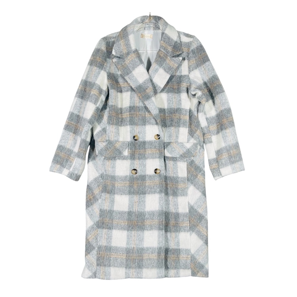 Altar'd State Coat Women M Plaid Wool Blend Double Breasted Grey Fuzzy Preppy